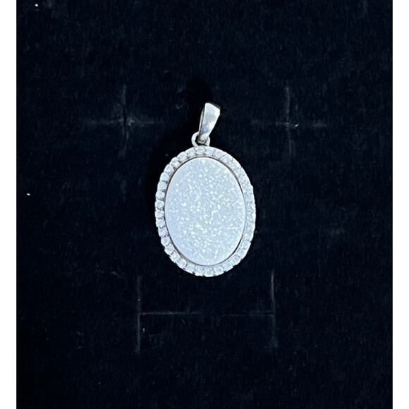 Sterling Silver 925 White Druzy Pendant with CZ Halo Sparkle Stone Jewelry Gift - Picture 1 of 7